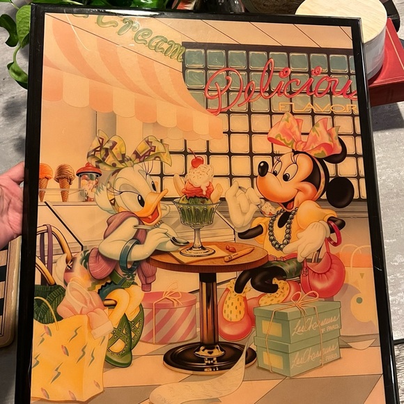 Vtg 80s Disney Minnie Mouse & Daisy Duck Ice Cream Diner laminated Framed Large - Picture 4 of 9